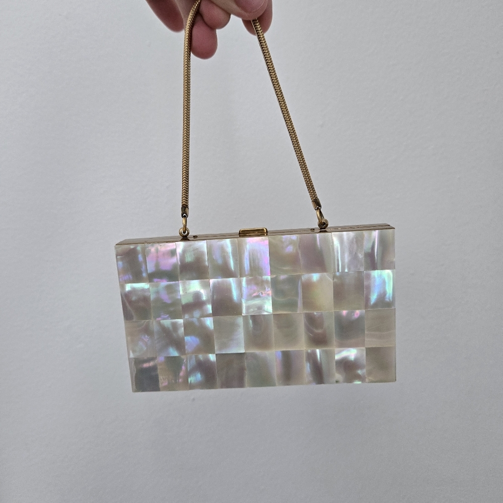 Vintage 1950s Evening Bag Mother of Pearl Minaudiere Art Deco Small Formal Clutc